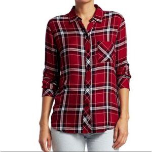 Rails Womens Large Hunter Plaid Shirt Carmine Navy White Flannel Top Long Sleeve